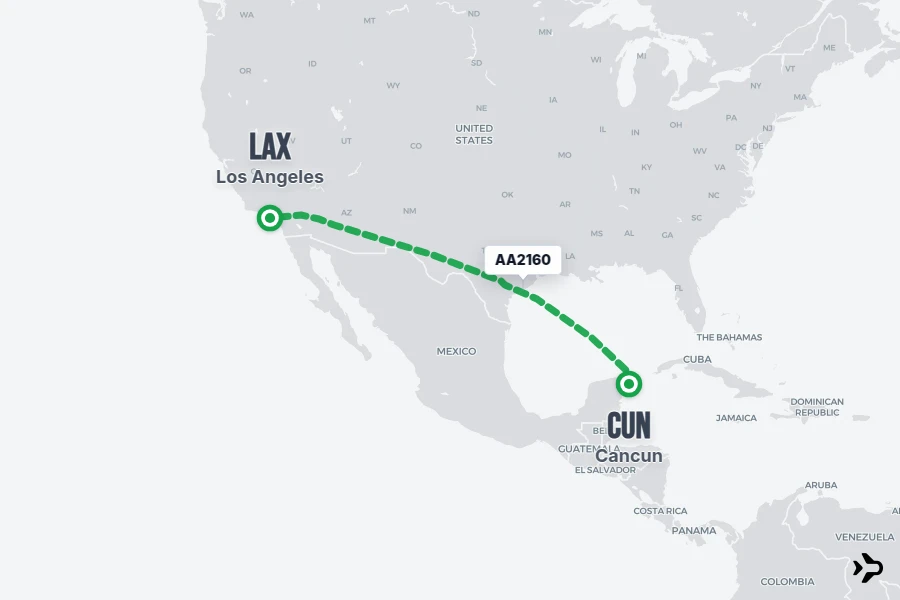 AA2160 flight map from CUN to LAX