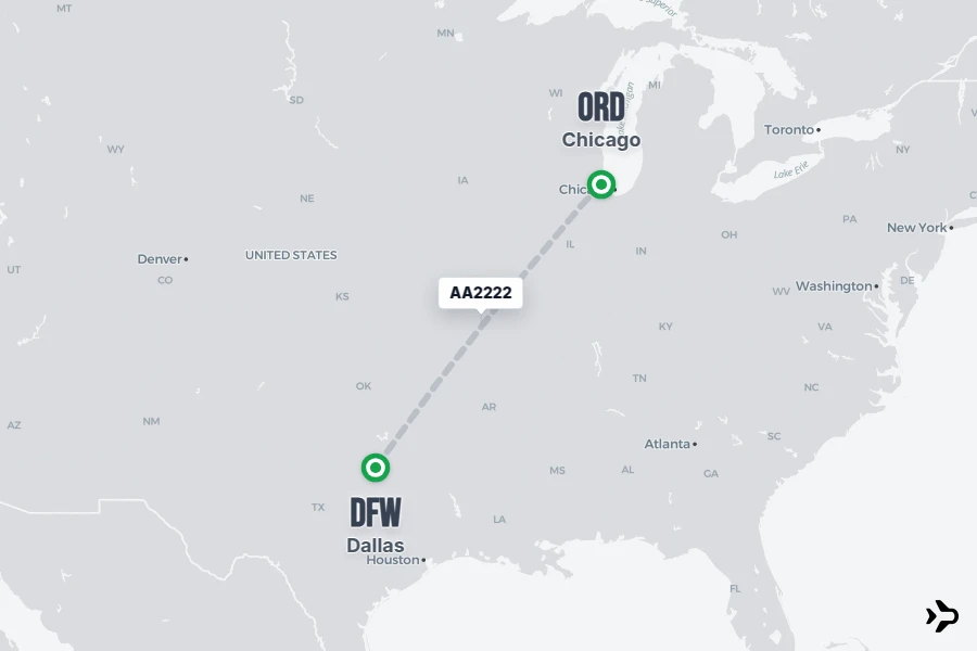 AA2222 flight map from ORD to DFW