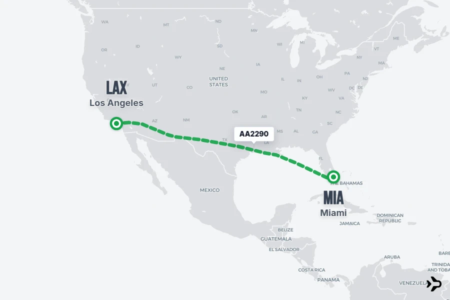 AA2290 flight map from MIA to LAX