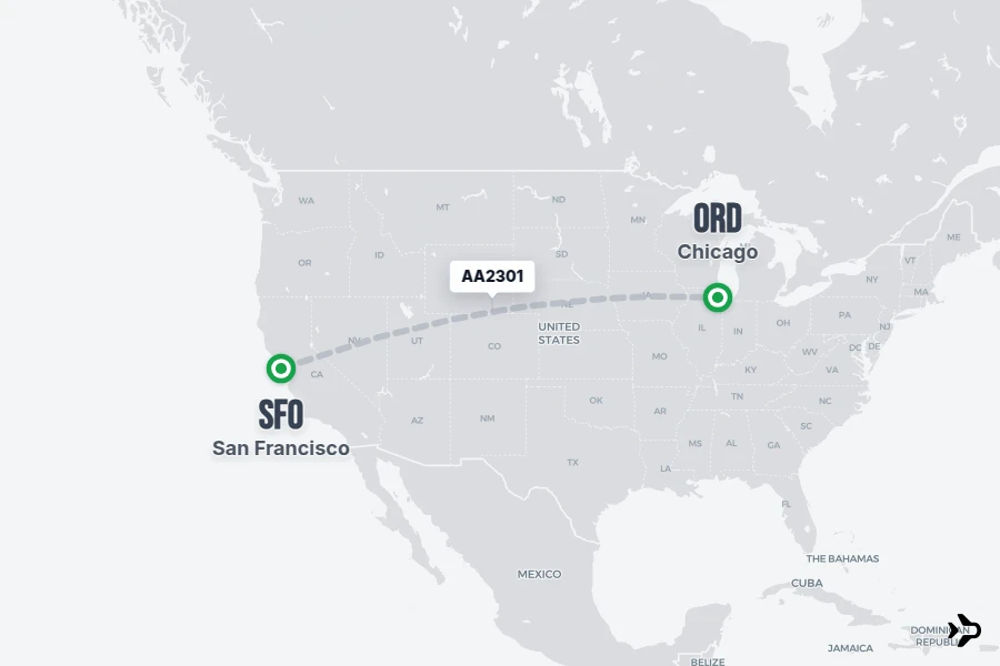 AA2301 flight map from SFO to ORD