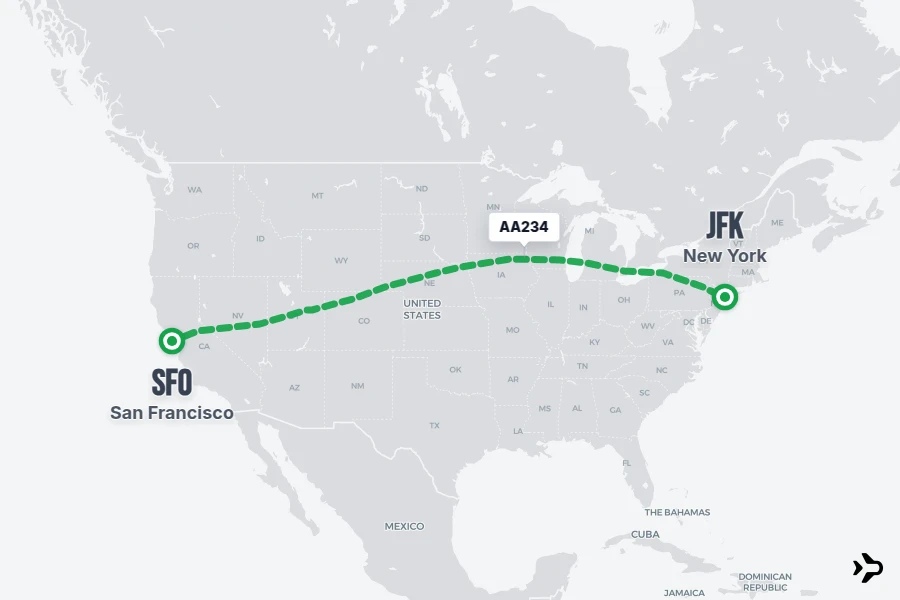 AA234 flight map from SFO to JFK