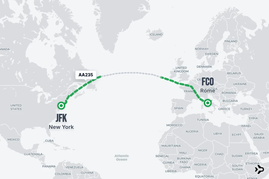 AA235 flight map from FCO to JFK
