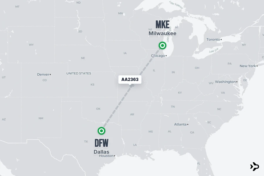 AA2363 flight map from DFW to MKE