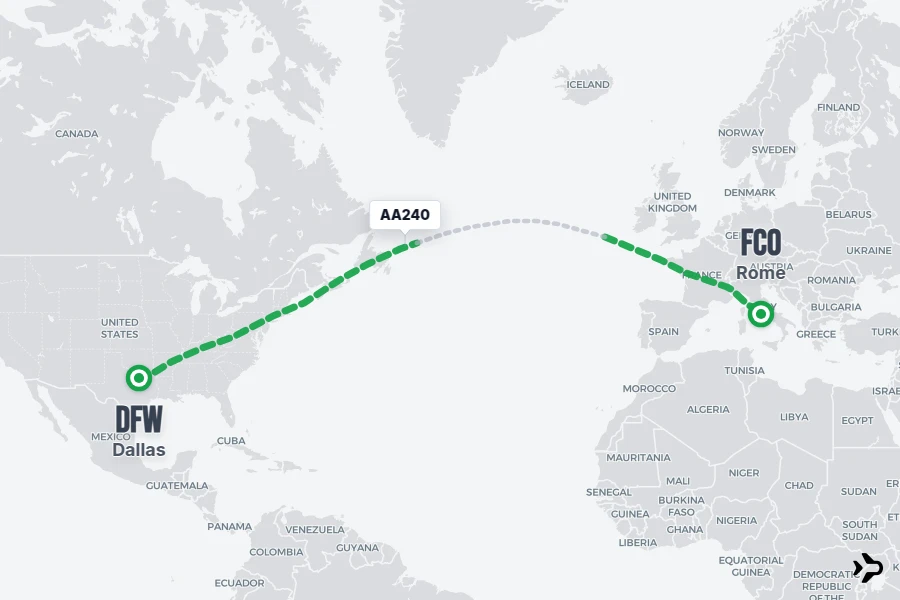 AA240 flight map from DFW to FCO
