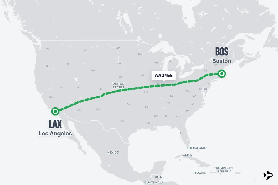 AA2455 flight map from BOS to LAX