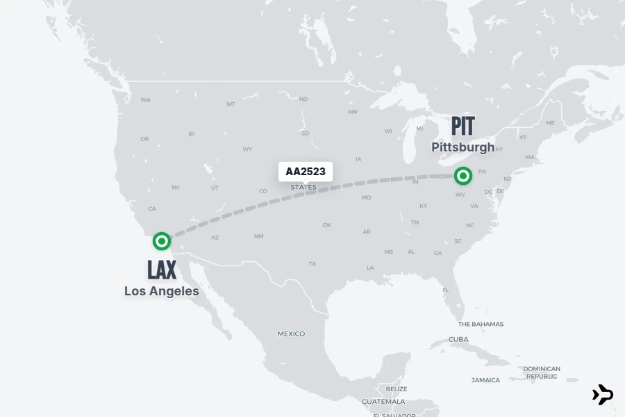 AA2523 flight map from PIT to LAX