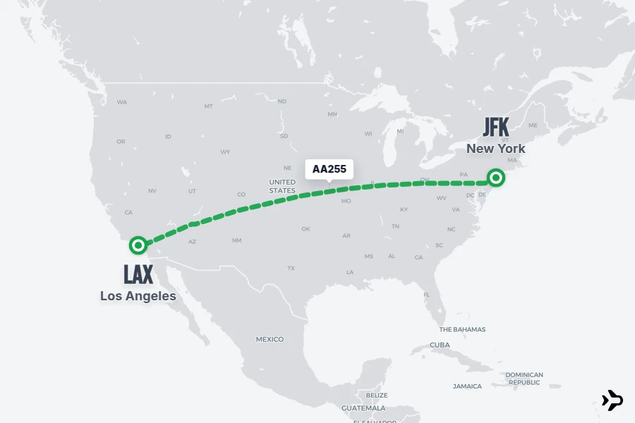 AA255 flight map from JFK to LAX