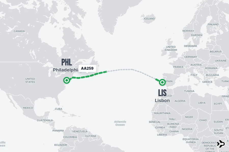 AA259 flight map from LIS to PHL