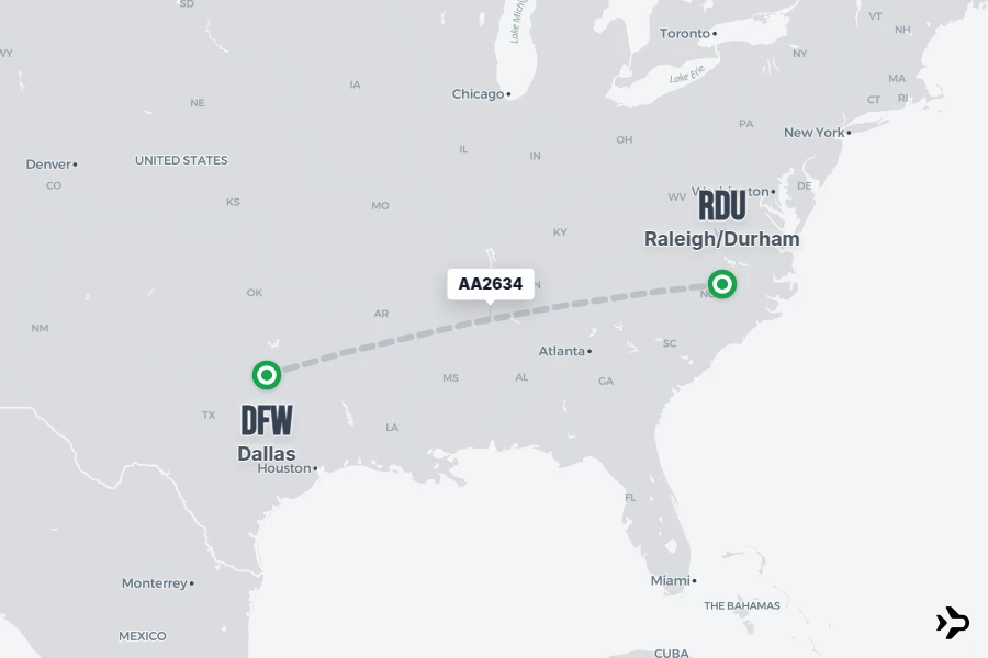 AA2634 flight map from DFW to RDU