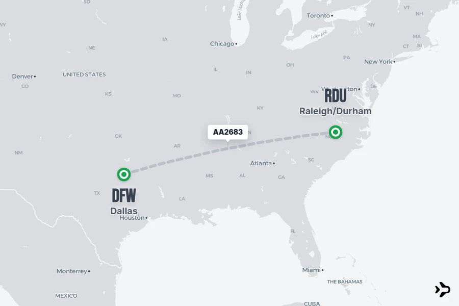 AA2683 flight map from DFW to RDU
