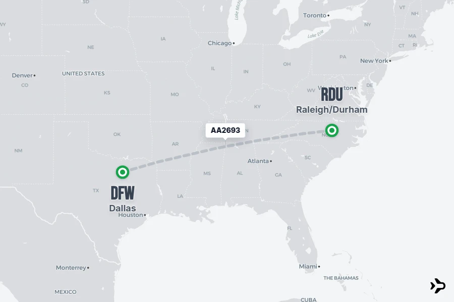 AA2693 flight map from DFW to RDU