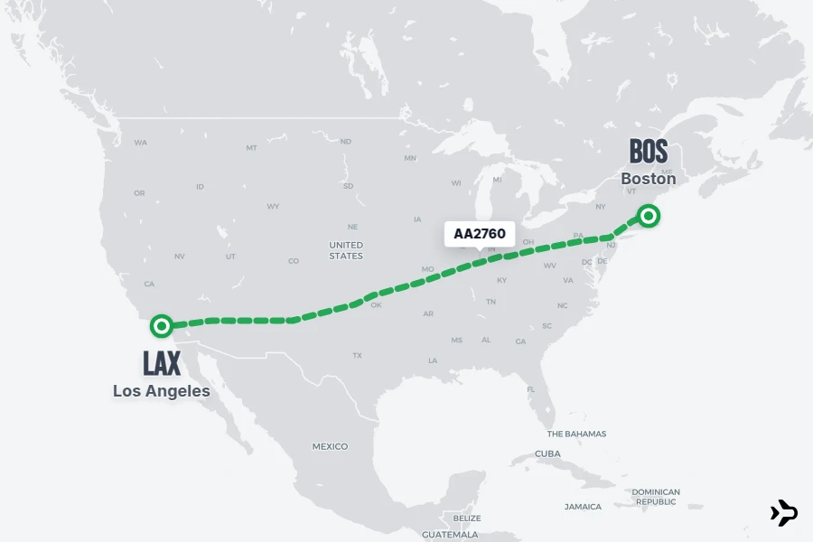 AA2760 flight map from BOS to LAX