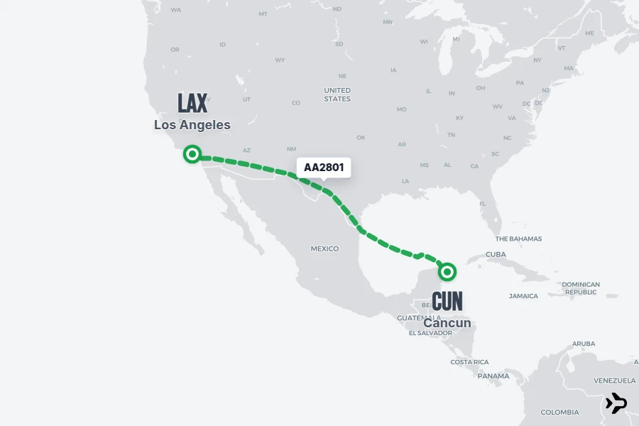 AA2801 flight map from LAX to CUN