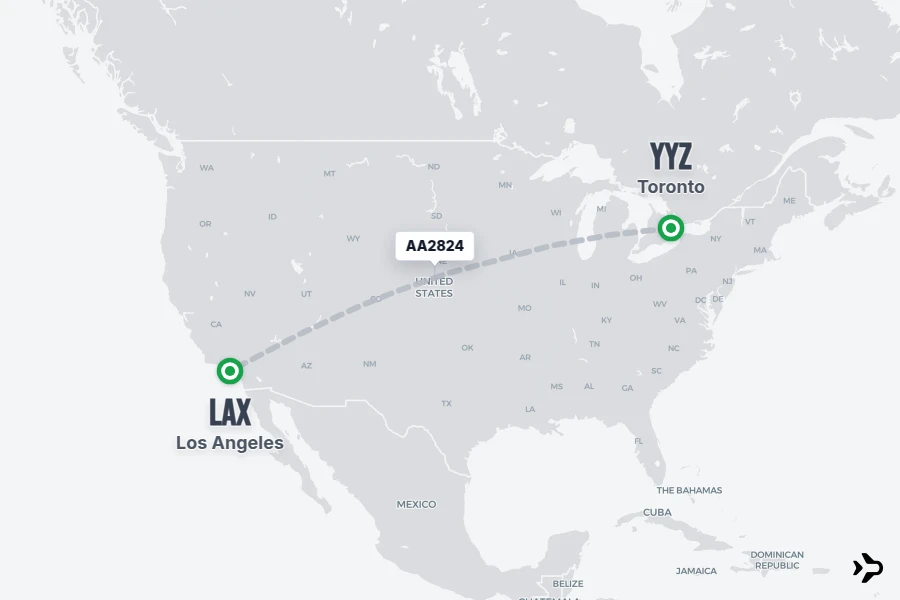 AA2824 flight map from YYZ to LAX