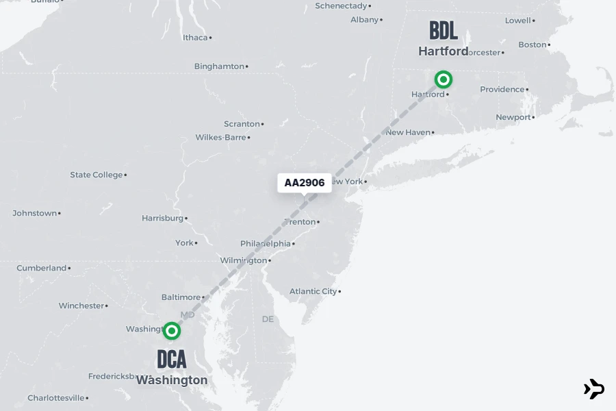 AA2906 flight map from BDL to DCA