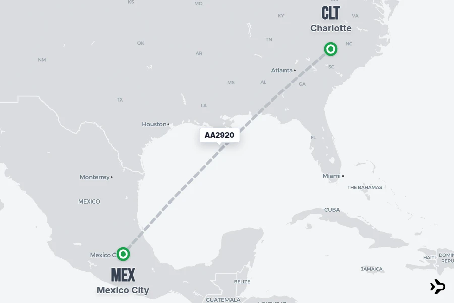 AA2920 flight map from CLT to MEX