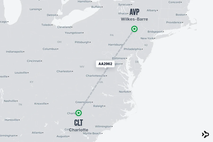 AA2962 flight map from AVP to CLT