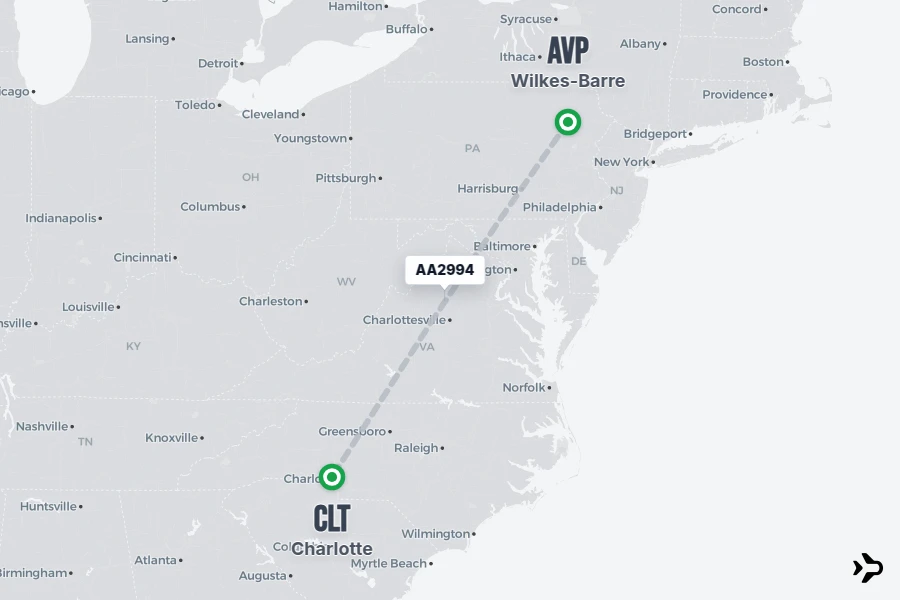 AA2994 flight map from AVP to CLT