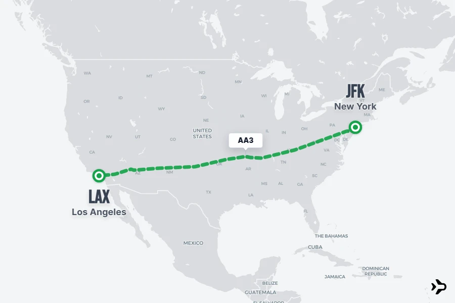 AA3 flight map from JFK to LAX