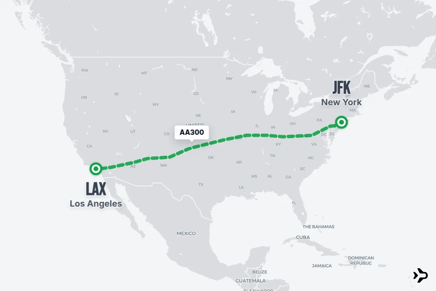 AA300 flight map from JFK to LAX