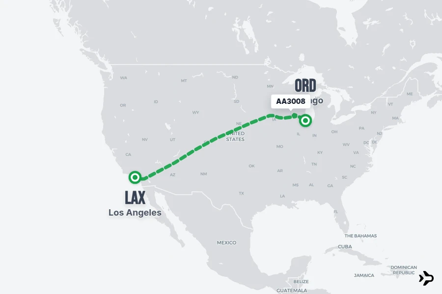 AA3008 flight map from LAX to ORD