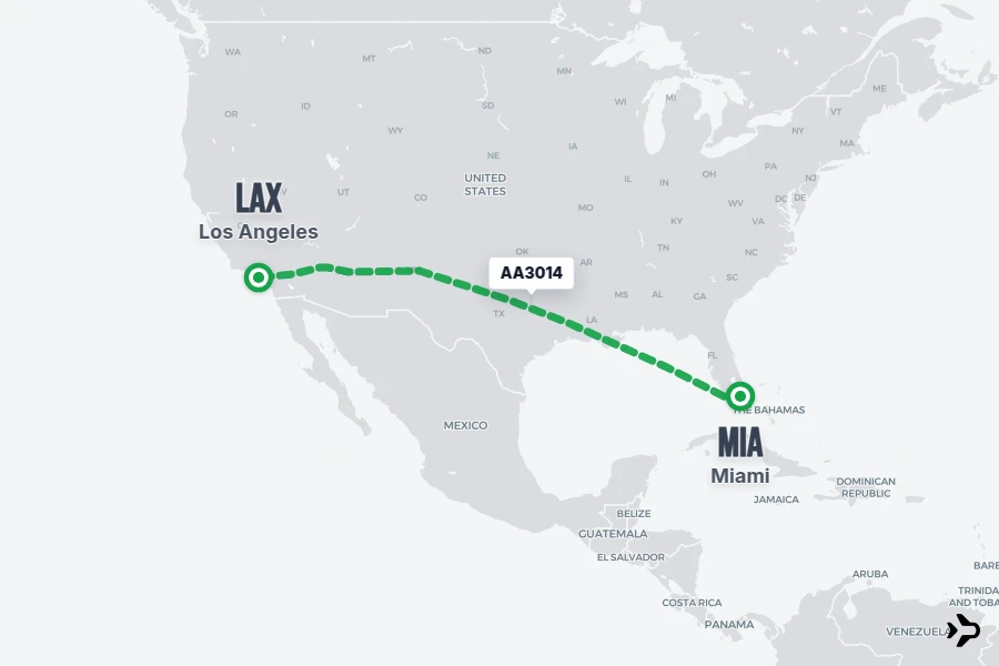 AA3014 flight map from MIA to LAX
