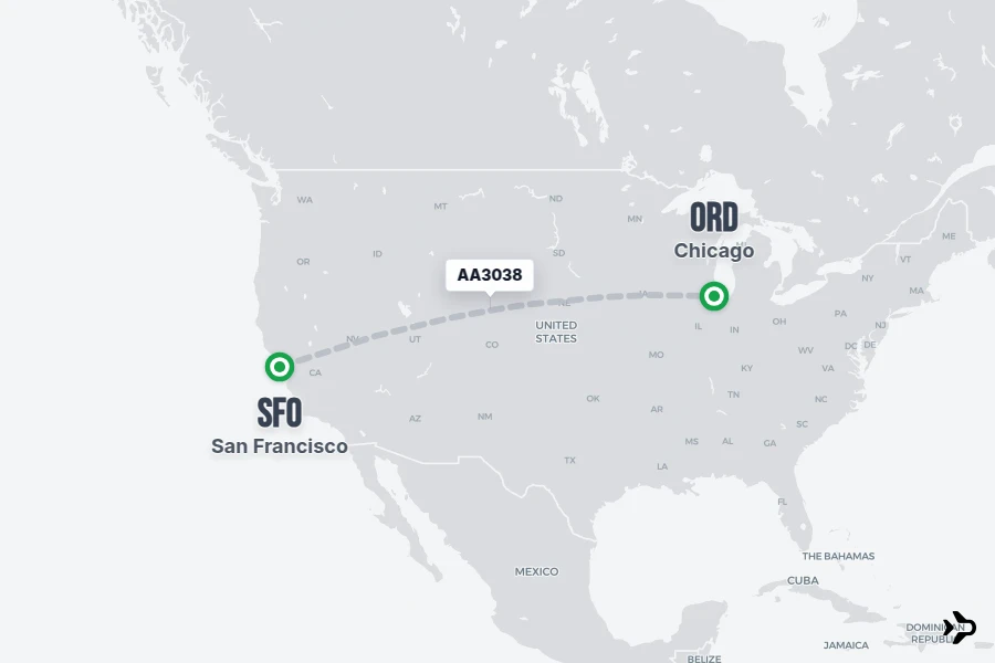 AA3038 flight map from SFO to ORD