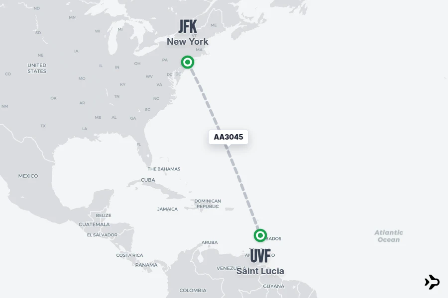 AA3045 flight map from JFK to UVF