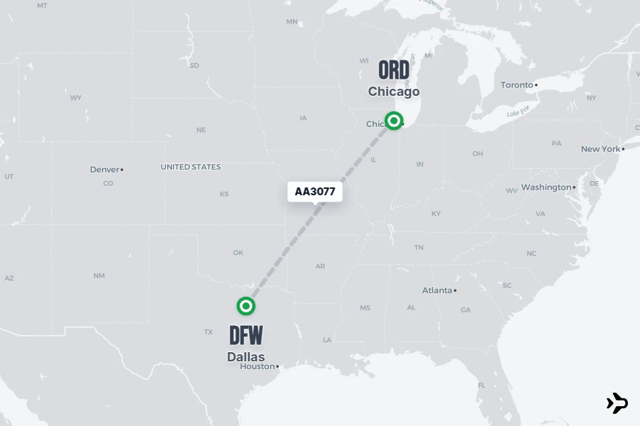 AA3077 flight map from ORD to DFW