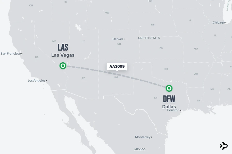 AA3099 flight map from LAS to DFW