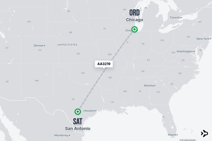 AA3219 flight map from ORD to SAT