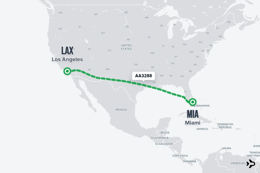 AA3288 flight map from MIA to LAX