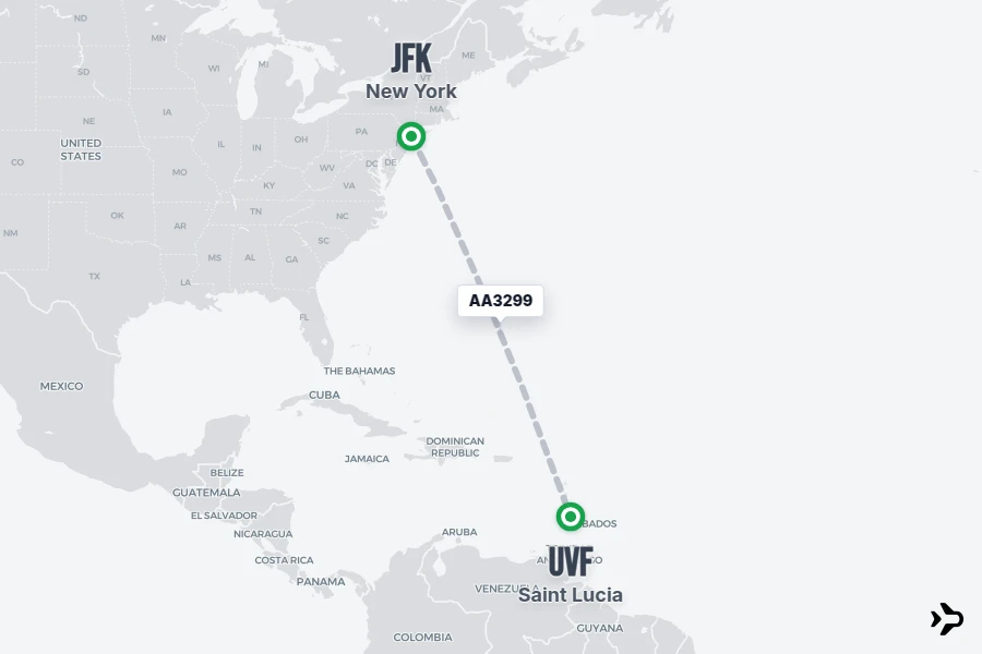 AA3299 flight map from JFK to UVF
