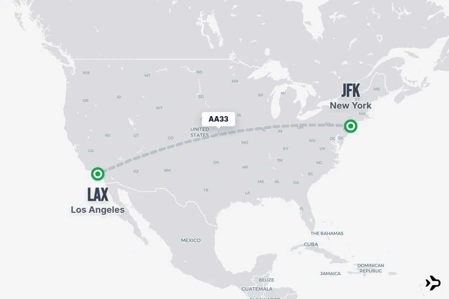 AA33 flight map from JFK to LAX