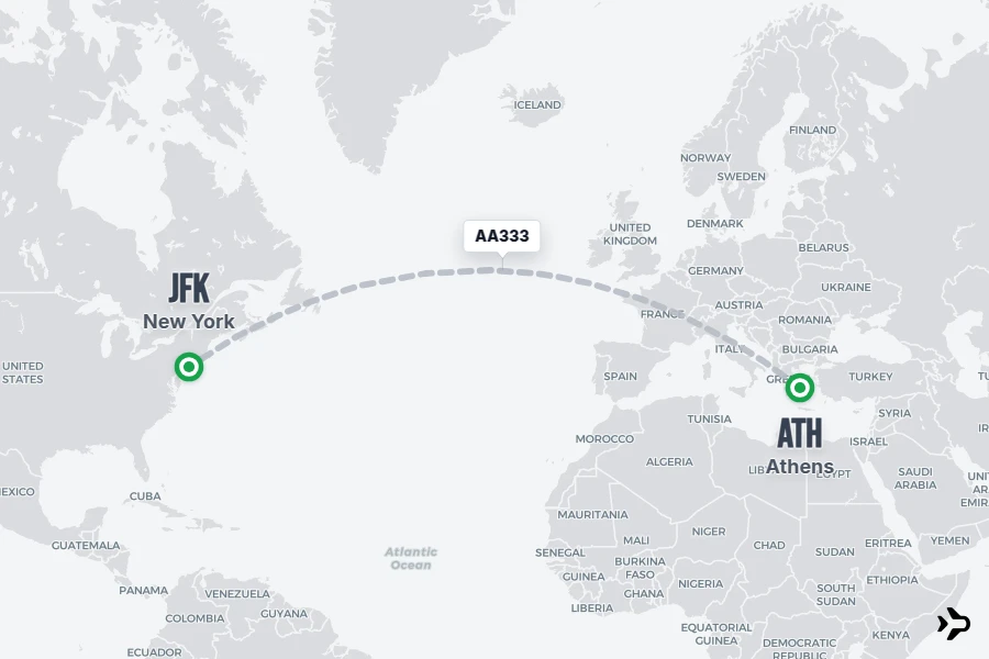 AA333 flight map from ATH to JFK