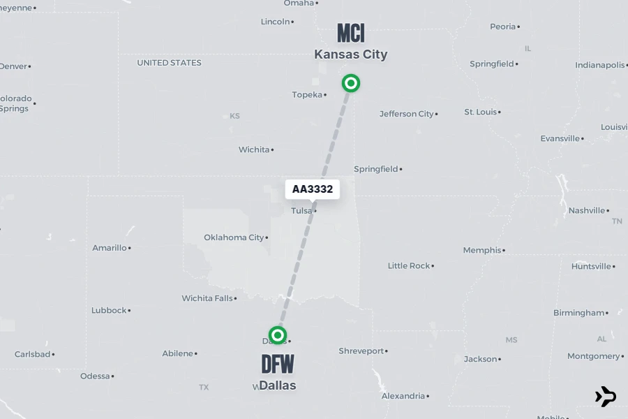 AA3332 flight map from MCI to DFW