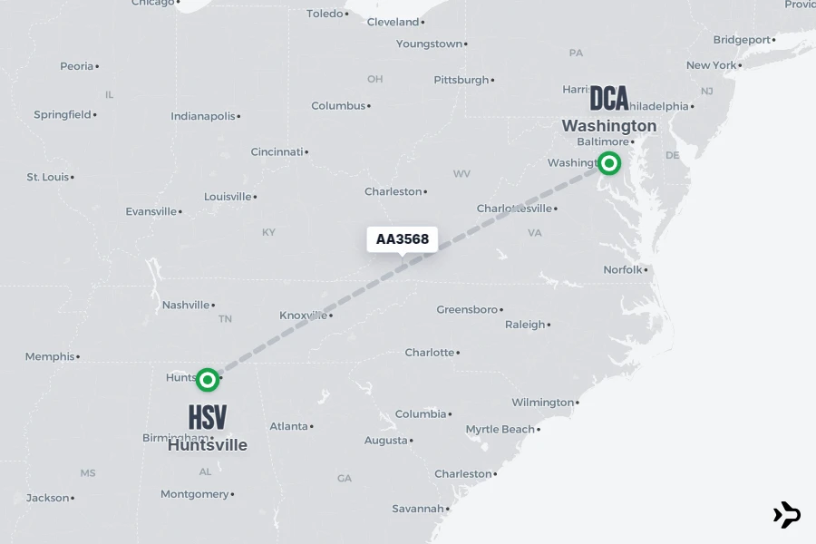 AA3568 flight map from DCA to HSV