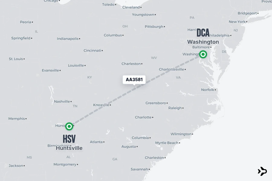 AA3581 flight map from DCA to HSV