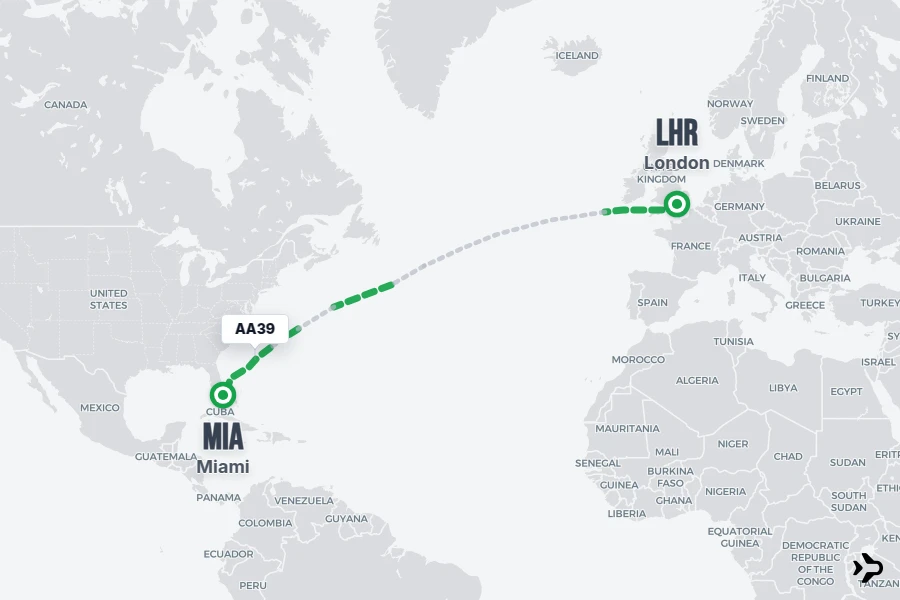 AA39 flight map from LHR to MIA