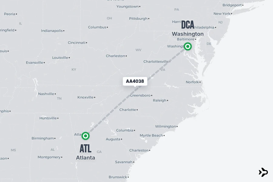 AA4038 flight map from DCA to ATL