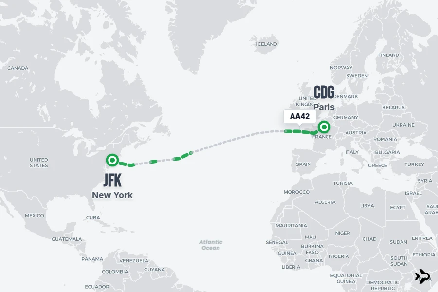 AA42 flight map from JFK to CDG