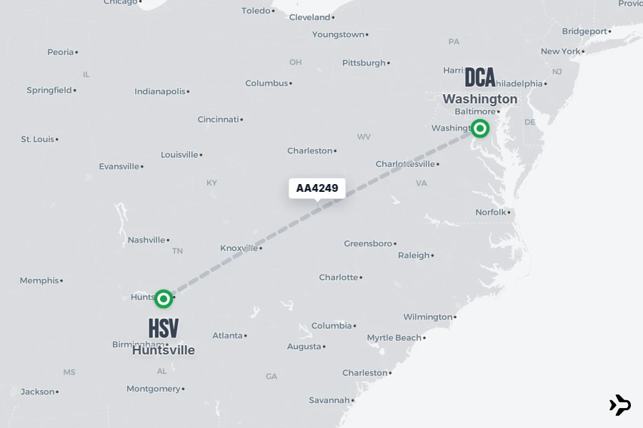 AA4249 flight map from DCA to HSV