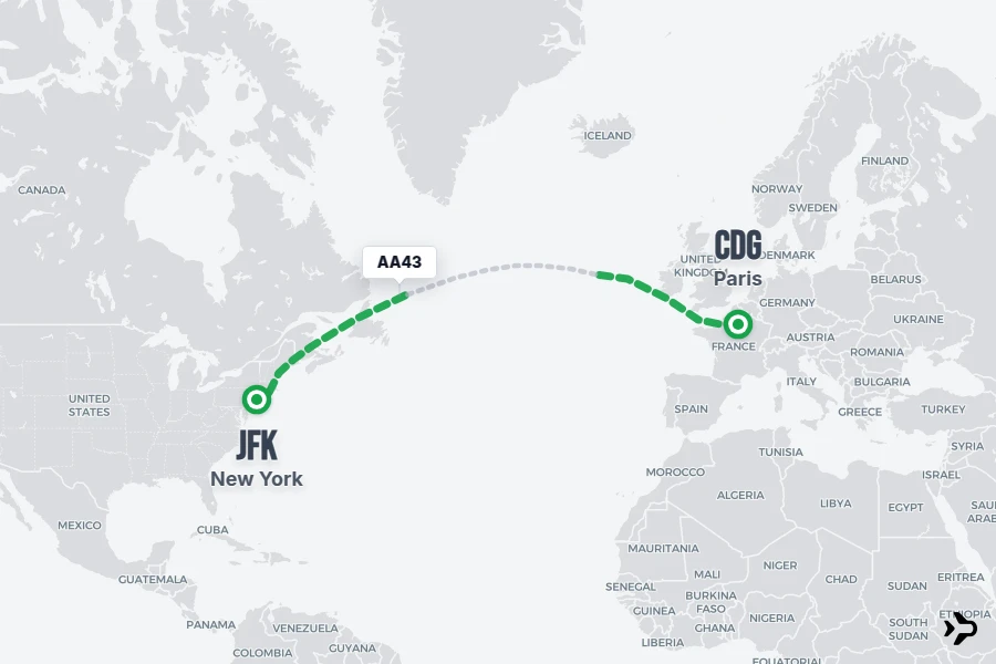 AA43 flight map from CDG to JFK