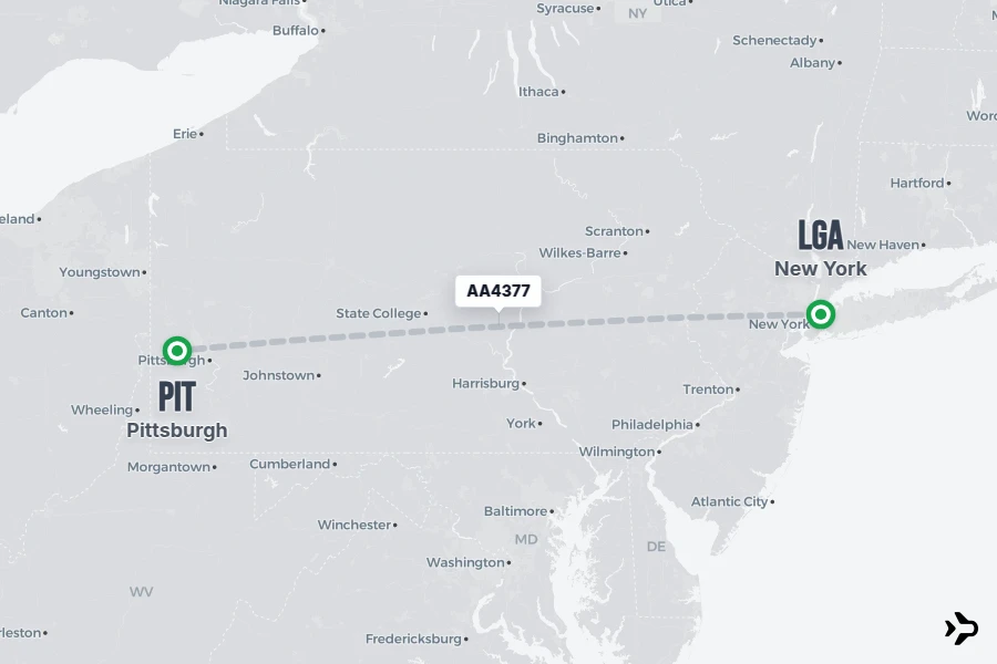 AA4377 flight map from LGA to PIT