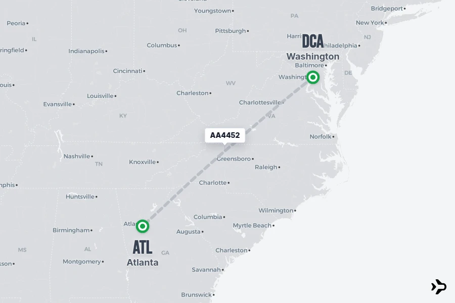 AA4452 flight map from DCA to ATL