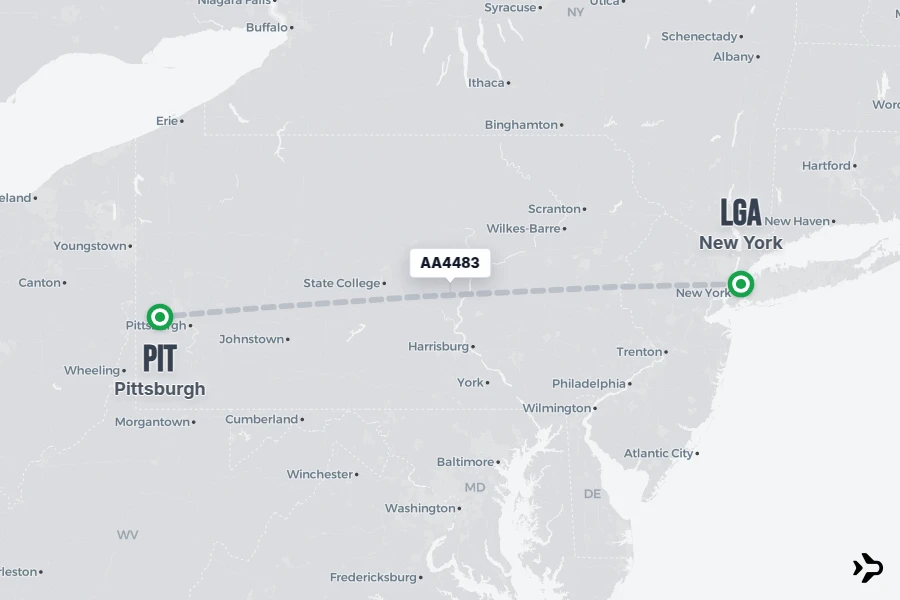 AA4483 flight map from LGA to PIT