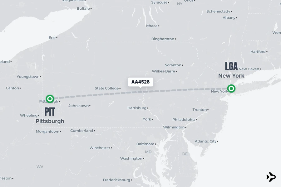 AA4528 flight map from LGA to PIT