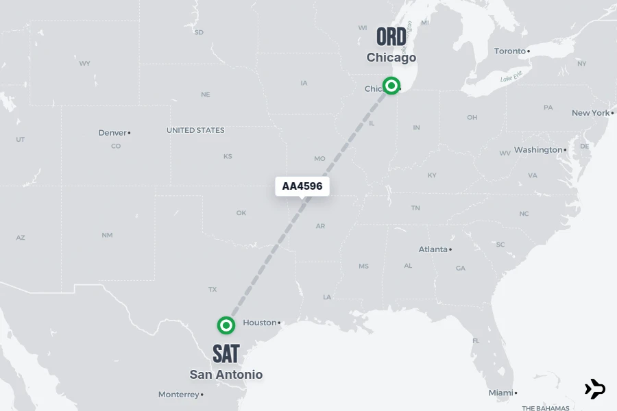 AA4596 flight map from ORD to SAT