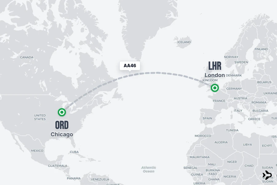 AA46 flight map from ORD to LHR