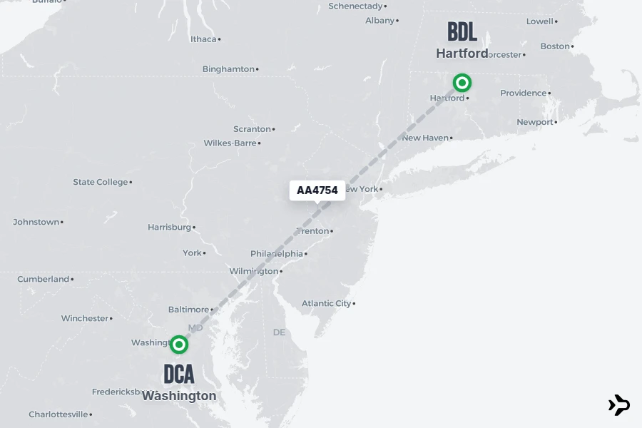 AA4754 flight map from BDL to DCA